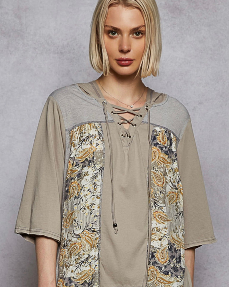 Boho Taupe Gray Solid Floral Block 3/4 Sleeve Tie Neck High Low Top