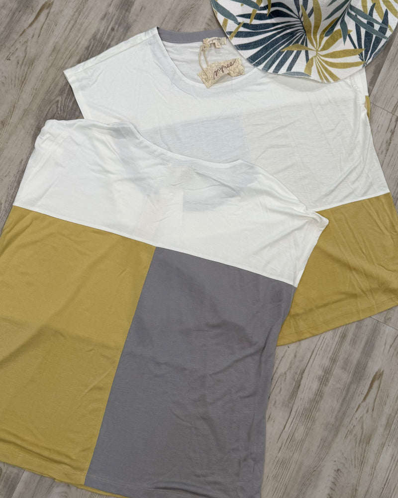 White, Yellow & Gray Color Block Short Cap Sleeve T-Shirt Boxy Top