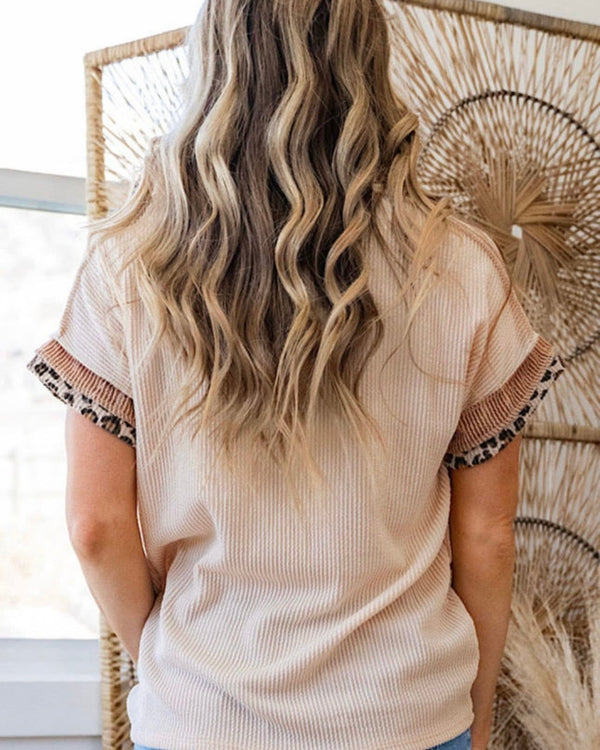 Neutral Tan Texture Ribbed Short Sleeve Leopard Accent Top