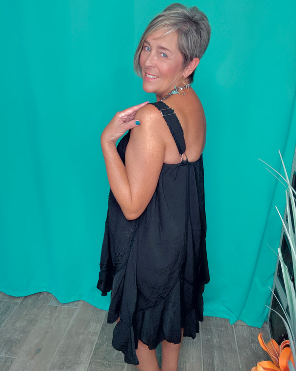 Solid Black Wide Strap Sleeveless Embroidery Sun Dress