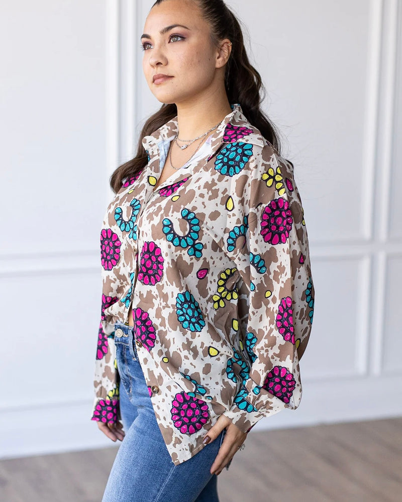 Brown Leopard Multicolor Long Sleeve Button Down Rodeo Blouse Top