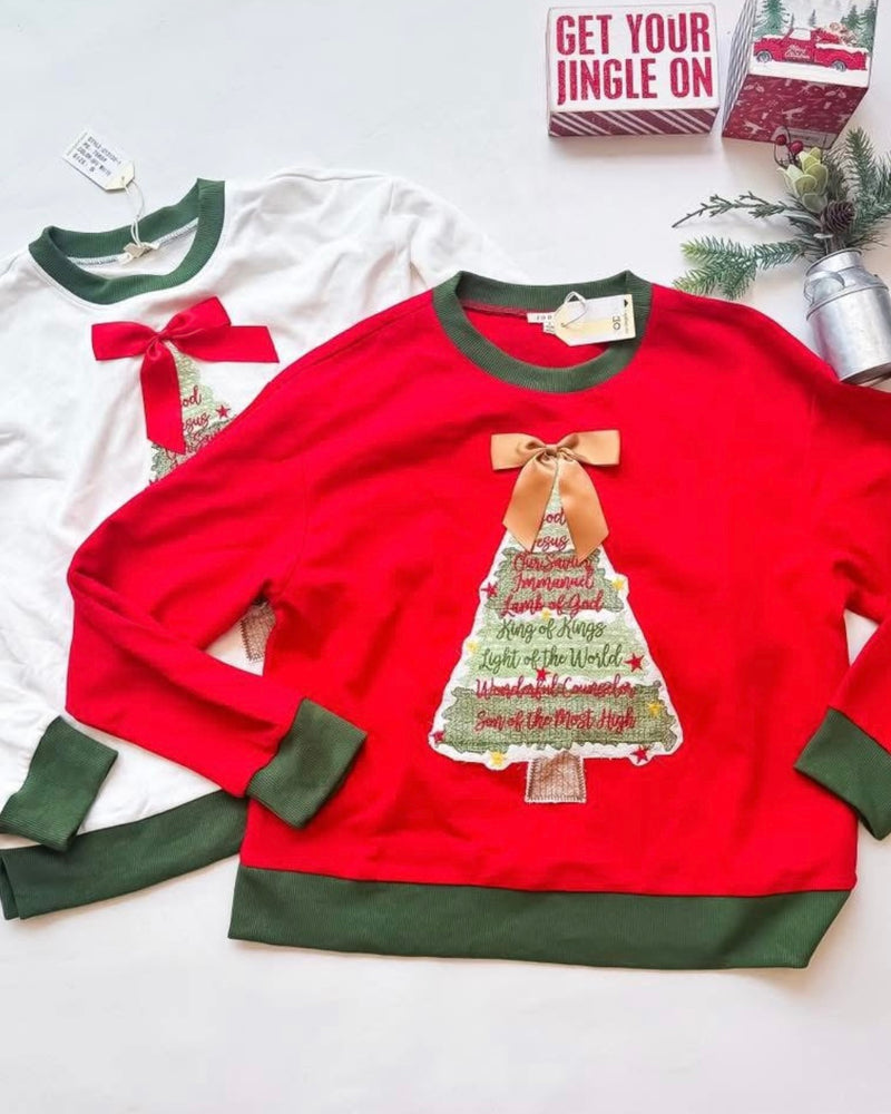 Christmas Holiday Red or White w/Green Trim "Savior" Christmas Tree Long Sleeve Sweatshirt Top