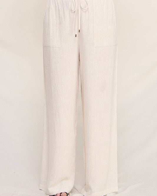 Natural Cream Plus Size Elastic Waist Wide Leg Linen Pant