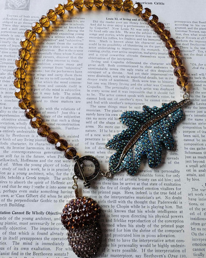 Amber Beaded Rhinestone Leaf and Acorn Choker Style Necklace