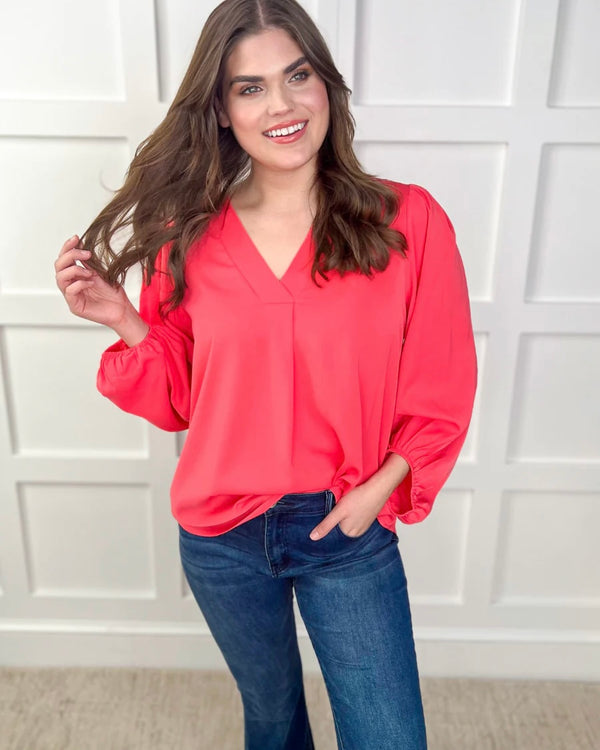 Coral Jamie Long Balloon Sleeve VNeck Top