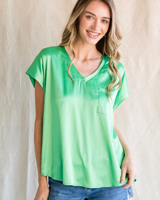 Green or Magenta Pink Satin VNeck Short Cap Sleeve Top