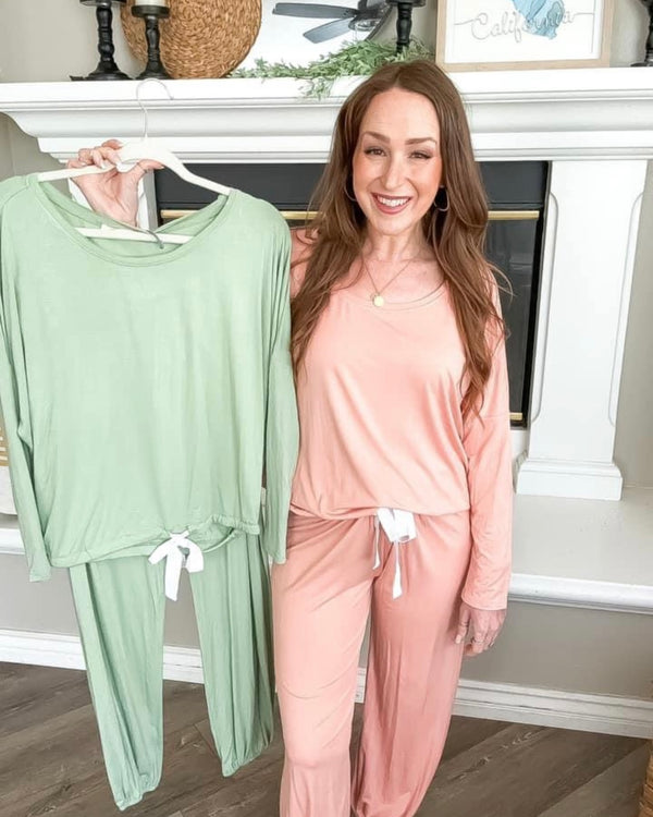 2 Pc Pink, Lilac or Green Pant Lounge PJ pajama Set with Long Sleeve Crew Neck Top