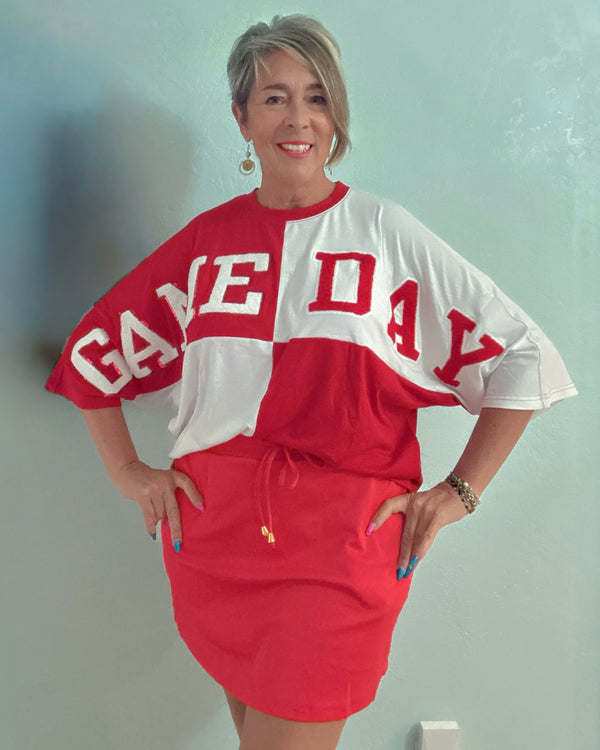 Huddle Up Color Block "Game Day” Chenille Patch 3/4 Sleeve Pullover Top