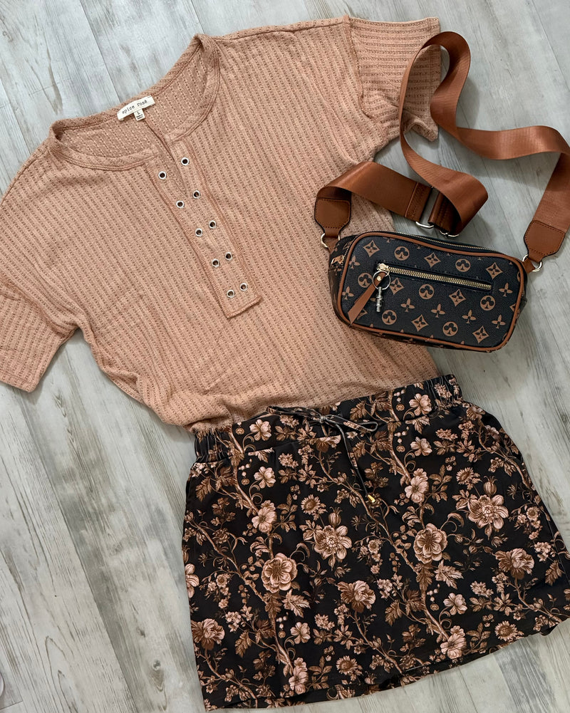 Blue, Tan or White Diana Eyelet Grommet Short Sleeve Tunic Top