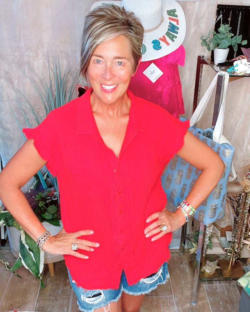 True Red Button Down Short Sleeve Gauze Top