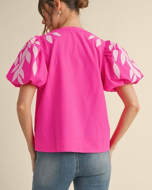 Hot Pink Leaf Embroidery Puff Short Sleeve Open VNeck Top