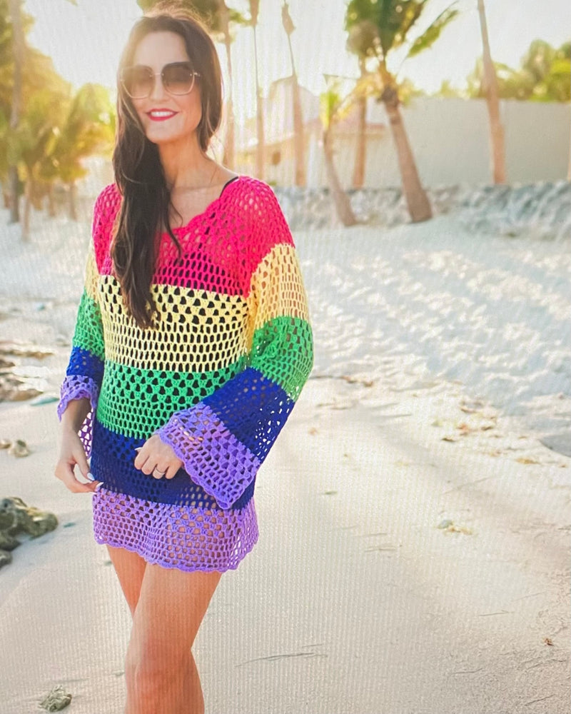 Bright Rainbow Red, Yellow, Green, Blue & Purple Bold Striped Color Block Crochet Light Knit Sweater Tunic Top Coverup