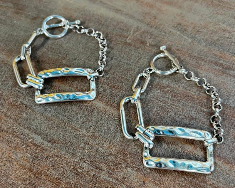 Silver Tone Hammered Rectangle Chain Link Bracelet