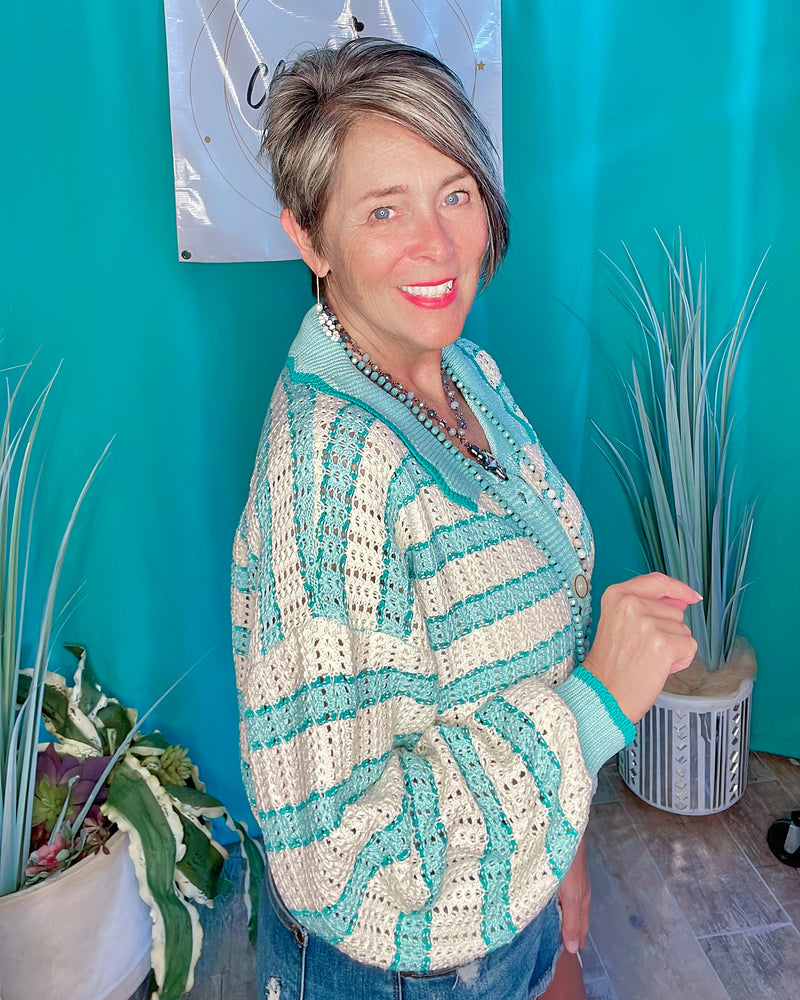 Turquoise Aqua and White Striped Button Down Balloon Long Sleeve Knit Sweater Top