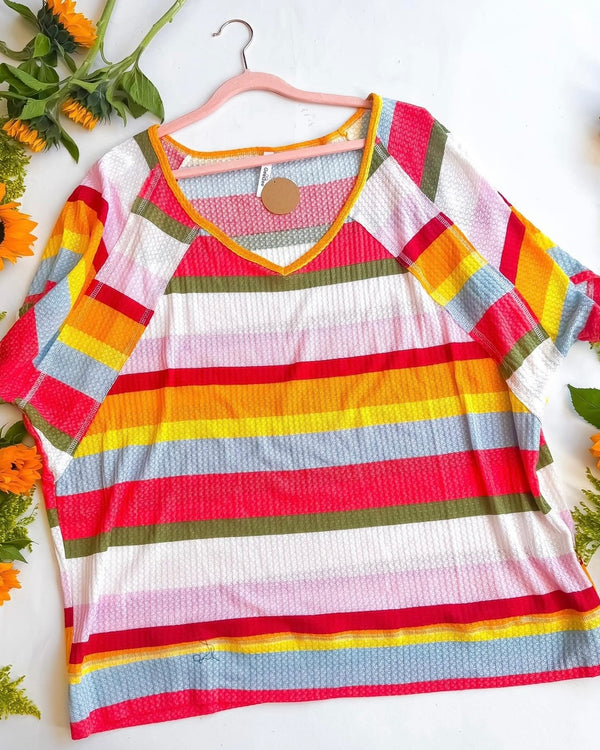 Plus Size Multicolor Stripped Textured Waffle Short Sleeve Top