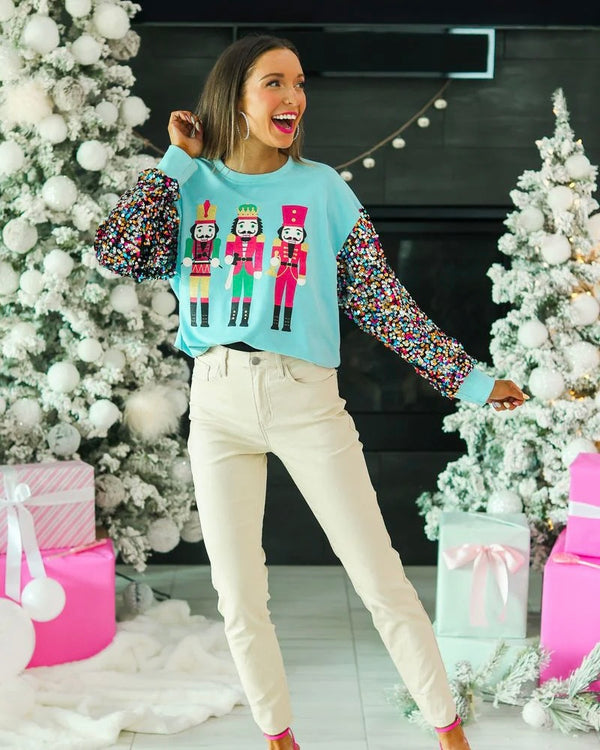 Light Blue Sparkling Nutcracker with Long Multicolor Sequin Sleeves Light Sweatshirt/T-Shirt