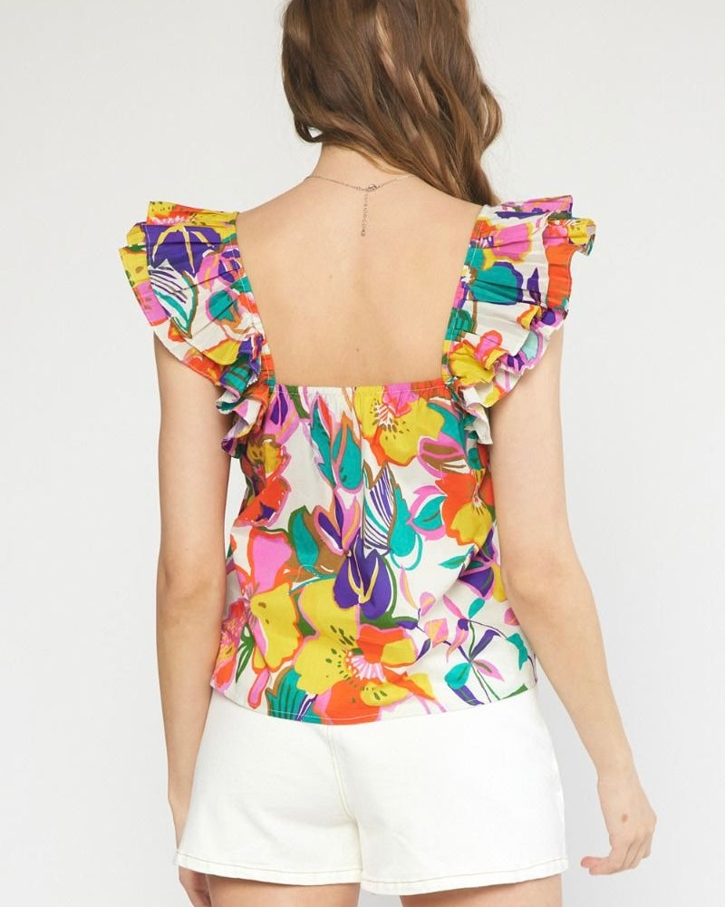 Bright Multicolor Square Neck Ruffle Tank Top