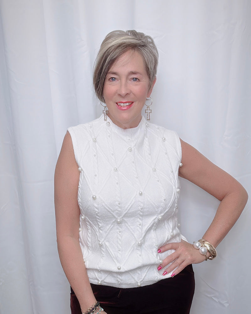 White Cable Knit Pearl Embellished Sleeveless Sweater Top