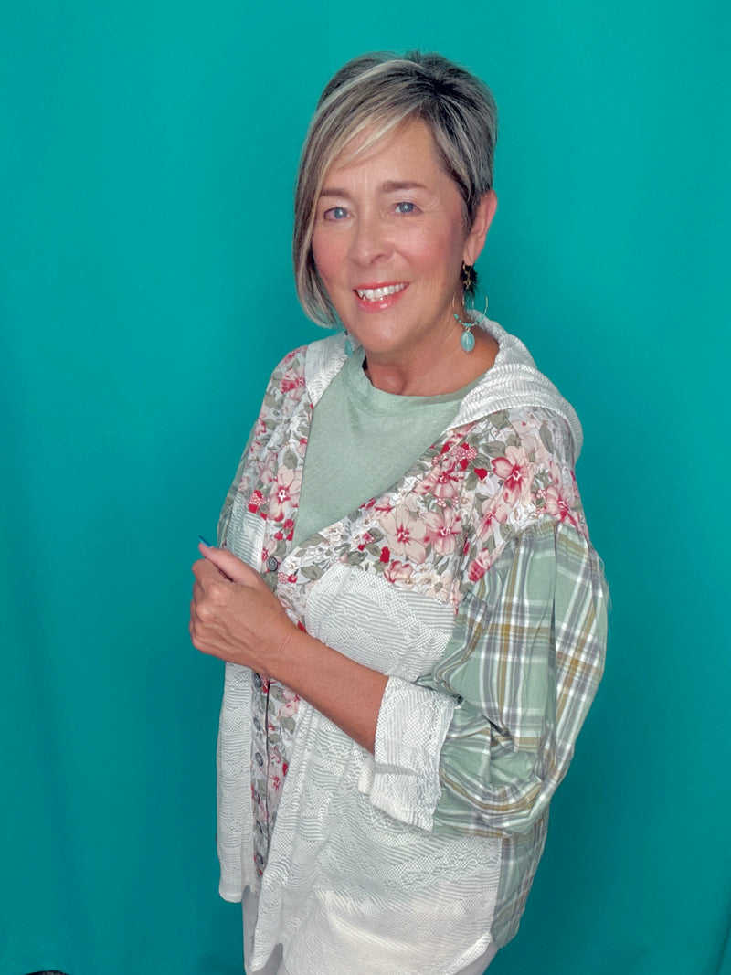 Cream Lace & Olive Green Floral Plaid Mix Button Down Oversize Hoodie Shirket Top