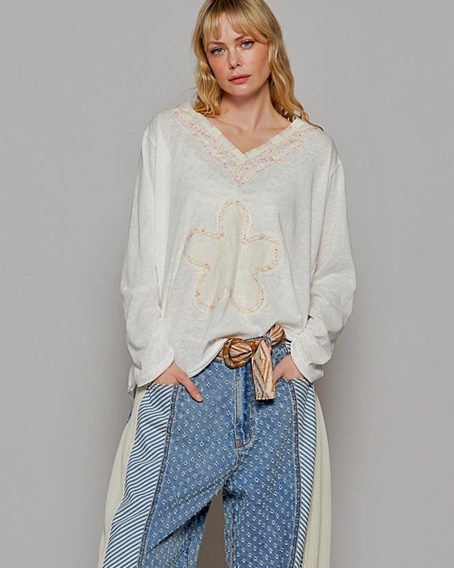 Ivory or Blue Relaxed Fit Lightweight Long Sleeve Lace Flower Patch Top