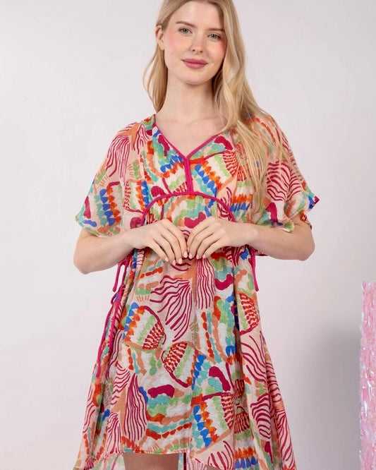 Multicolor Printed Coverup Short Sleeve VNeck Mini Dress