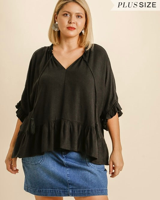 Plus Size Solid Black or Solid Green Linen Blend Self Tie Open Neck 3/4 Ruffle Sleeve Ruffle Hem Top