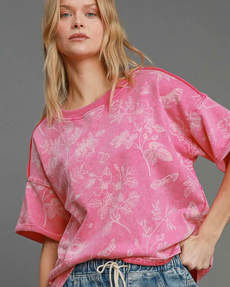 Pink Mineral Wash French Terry Floral Abstract Print Short Sleeve Top