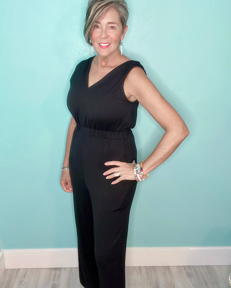 Black Sleeveless Open VNeck Pantsuit Jumpsuit