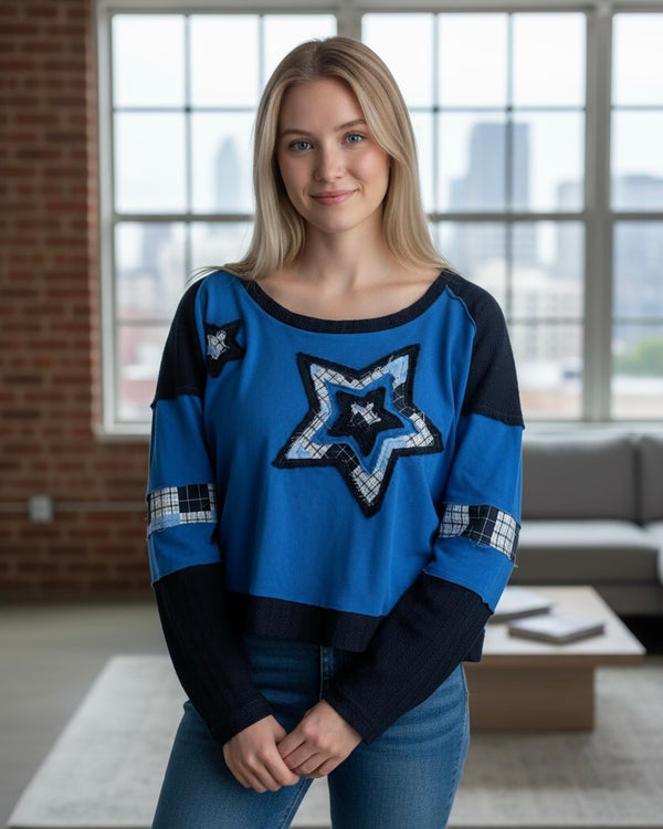 Boho Mix Blue Patch Star French Terry Long Sleeve Sweatshirt Top