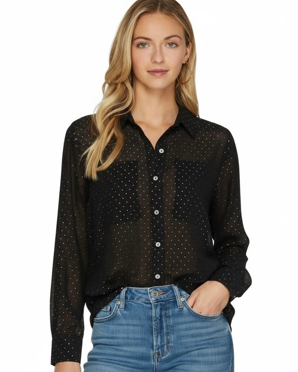 Semi Sheer Black Gold Studded Long Sleeve Button Down Top