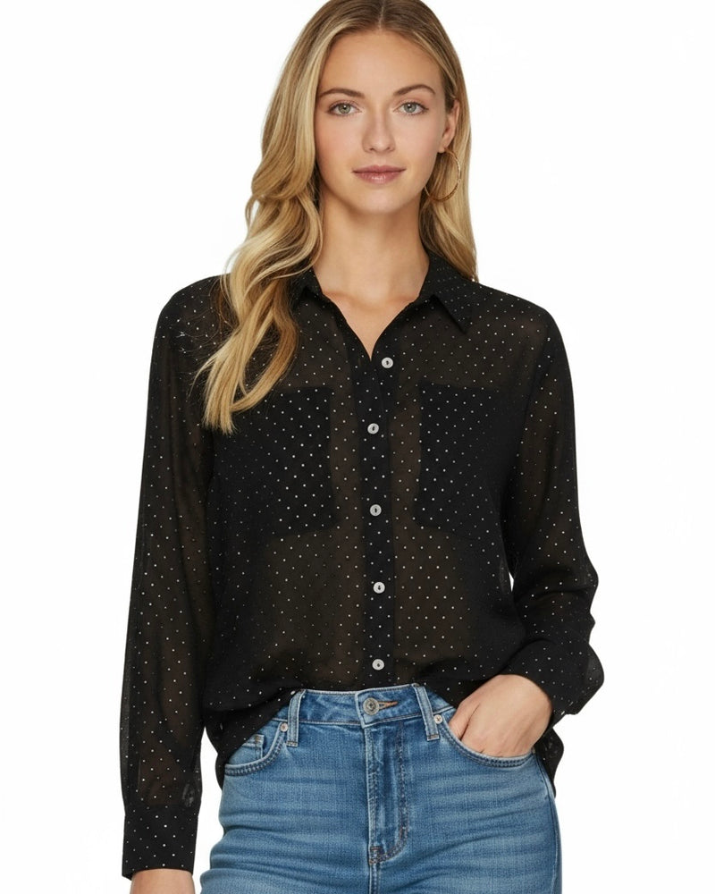 Semi Sheer Black Gold Studded Long Sleeve Button Down Top