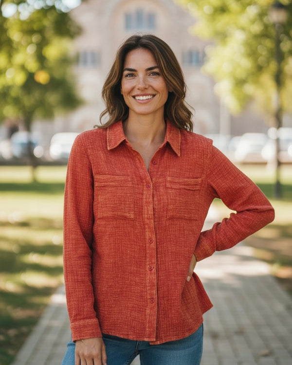 Terra Cotta Rust, Olive Green or Golden Tan Lighweight Gauze Mineral Wash Long Sleeve Top