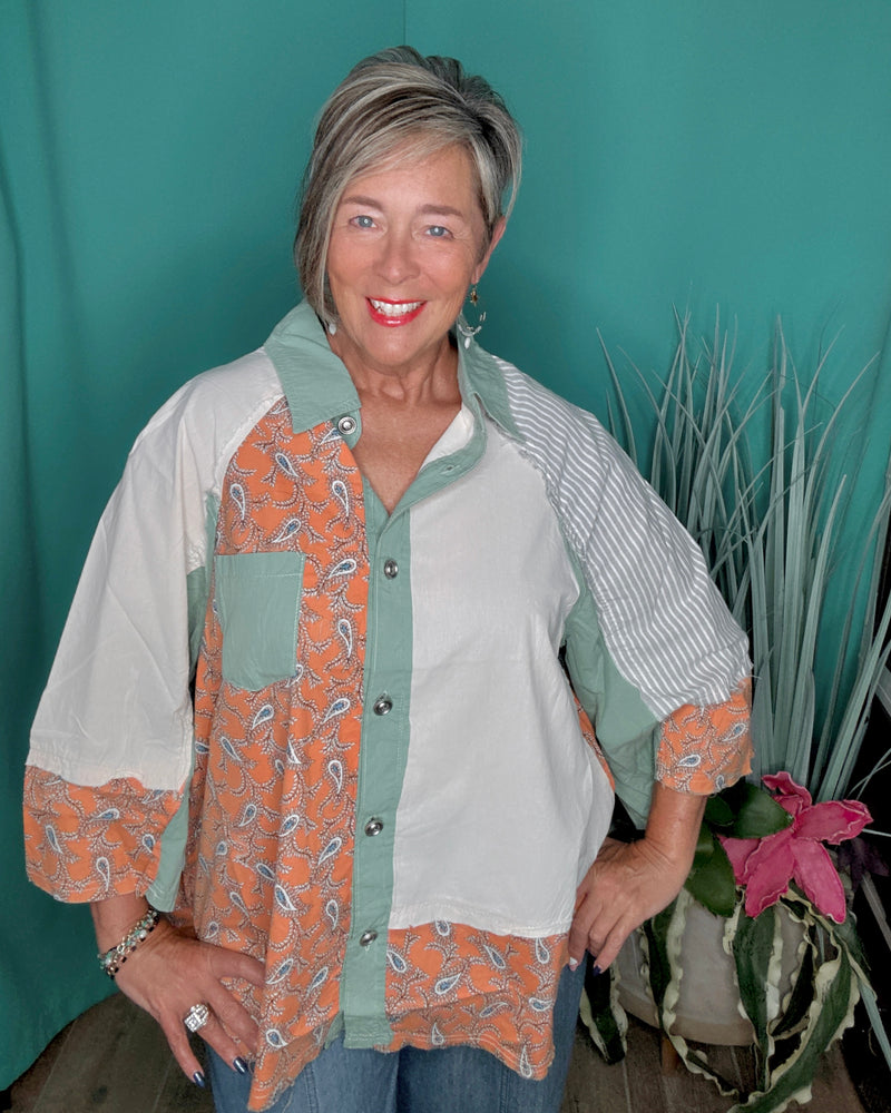 Cotton Boho Apricot Peach, Sage Green & Cream Mix Media Block Button Down 3/4 Wide Sleeve Collared Raglan Shoulder Fray Edge Oversize Top