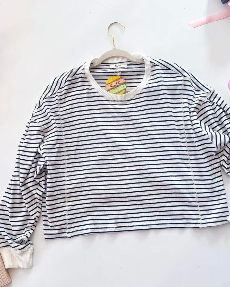 White w/Black Stripe Round Neck Drop Shoulder Jersey Long Sleeve Pullover