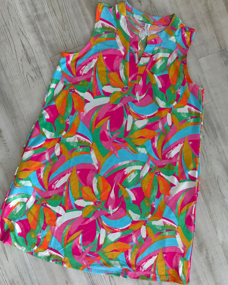 Pink, Blue & Green Multicolor Tropical Floral Print Sleeveless Open Neck Dress