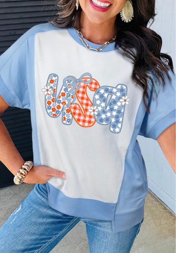 White & Blue USA Plaid Graphic Design Boxy T-Shirt Top