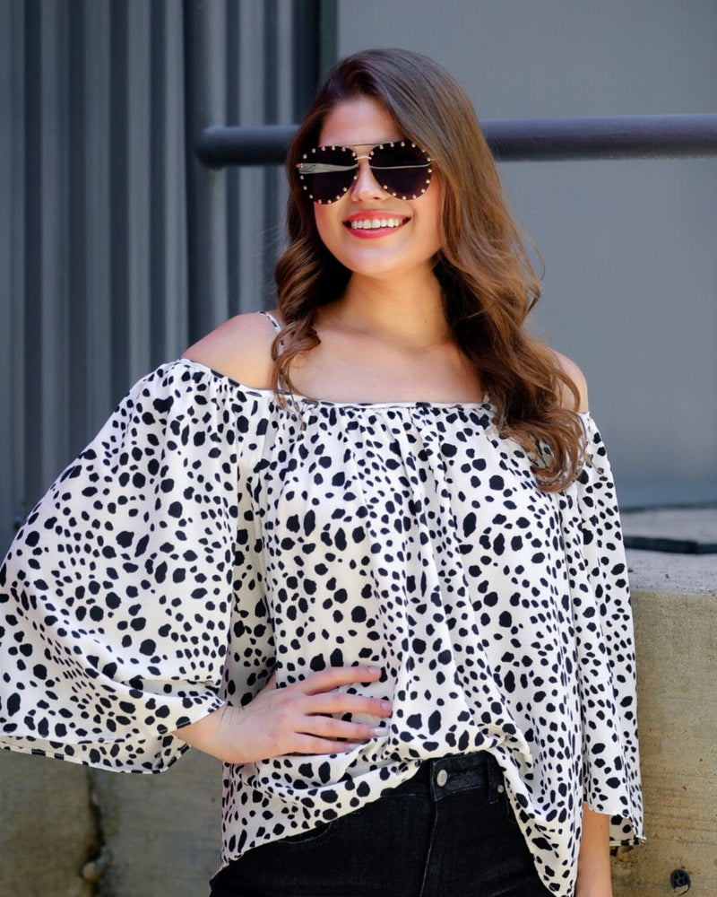 White with Black Polka Dot Cheetah Print Off Shoulder Top