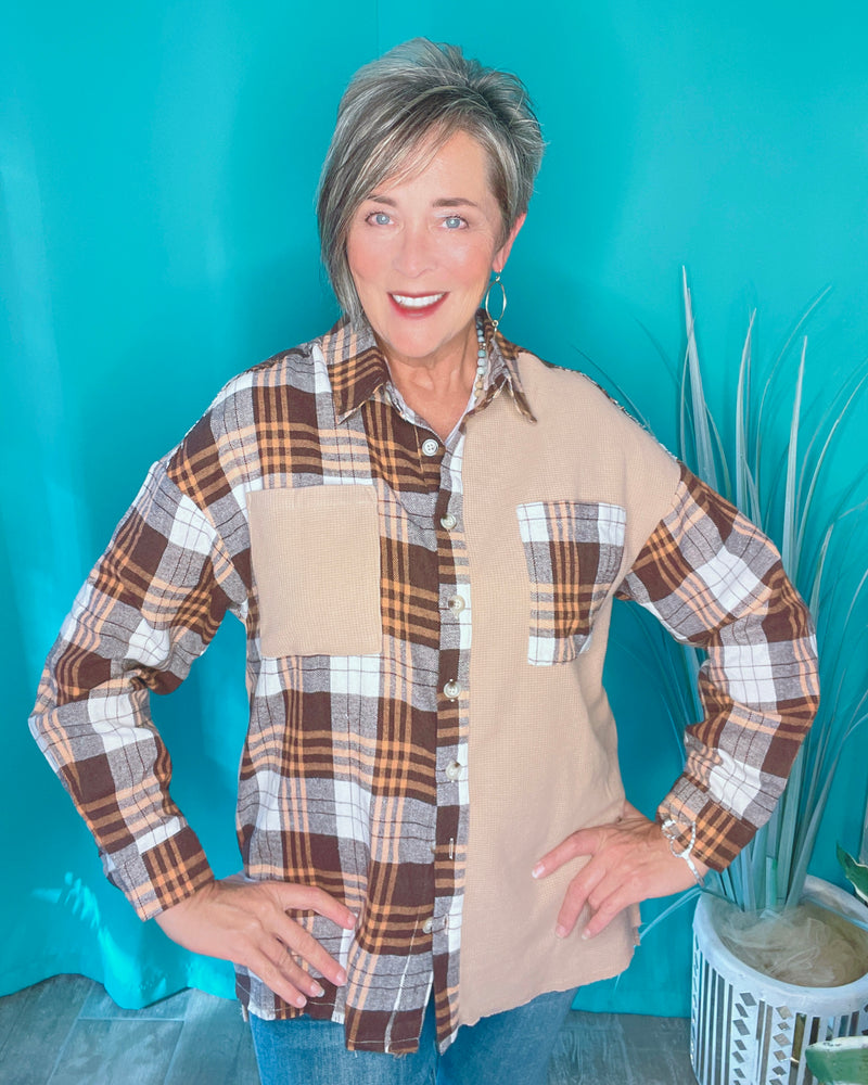 Khaki Tan Thermal Knit w/Brown Plaid Patchwork Block Long Sleeve Top