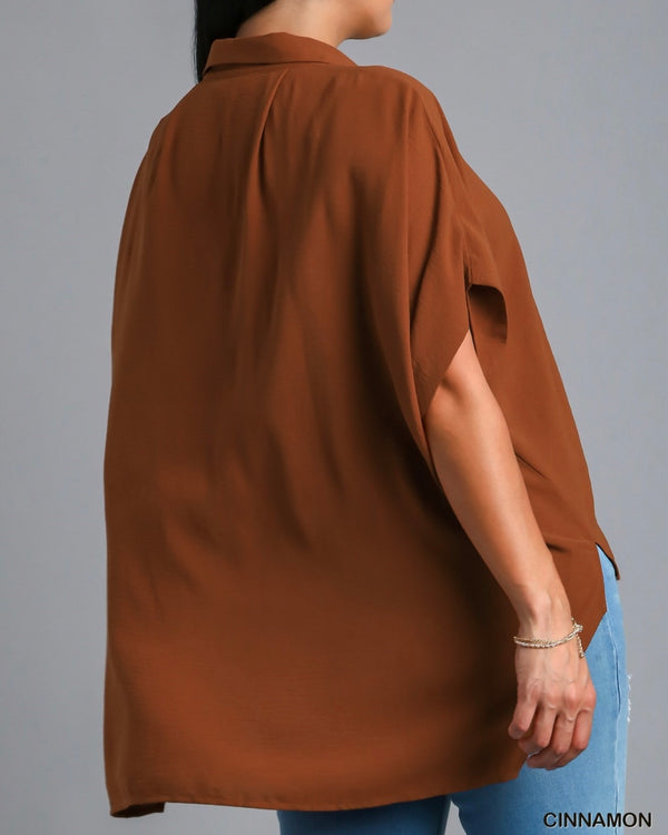 Plus Size Cinnamon Rust Drop Shoulder Oversized HI Lo Pleat Front Cap Sleeve