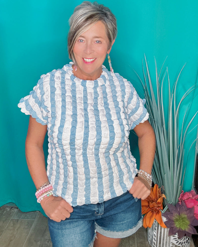 Blue & White Stripe Bold & Bubbly Textured Top