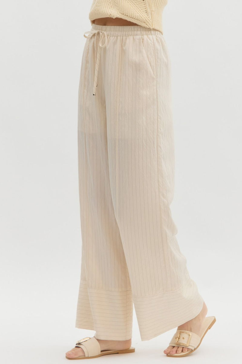 Ecru Cream Off White Striped High Waist Wide Leg Contrast Hem Pull on Pants