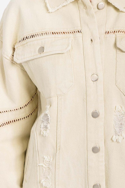 Light Cream Khaki Distressed Button Down Lattice Detailed Long Sleeve Jacket