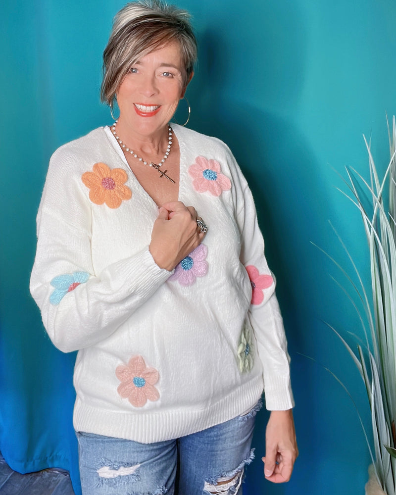 White VNeck Sweater with Multi Pastel Crochet Embroidery Flowers