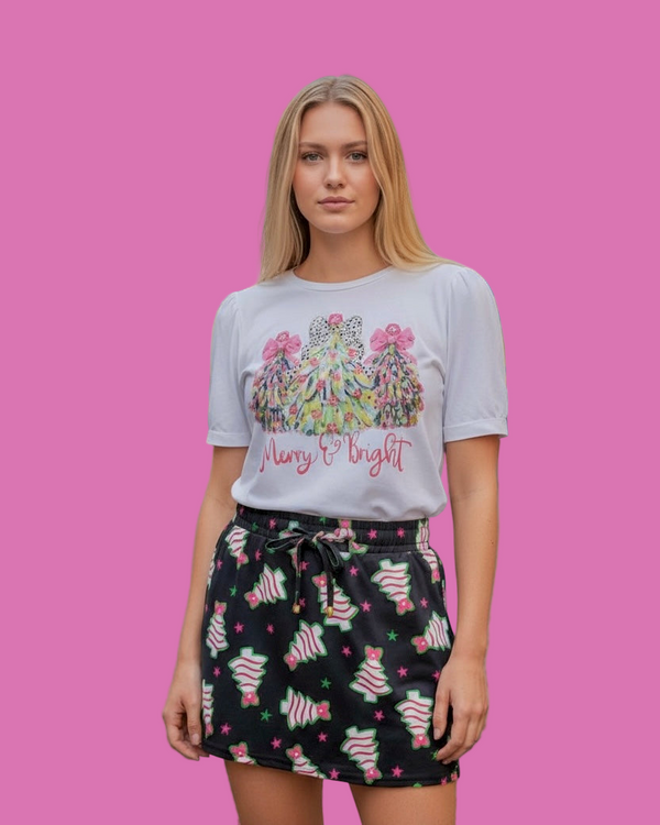 White with Pink & Green Bow Topped Christmas Trees Short Sleeve Holiday T-Shirt