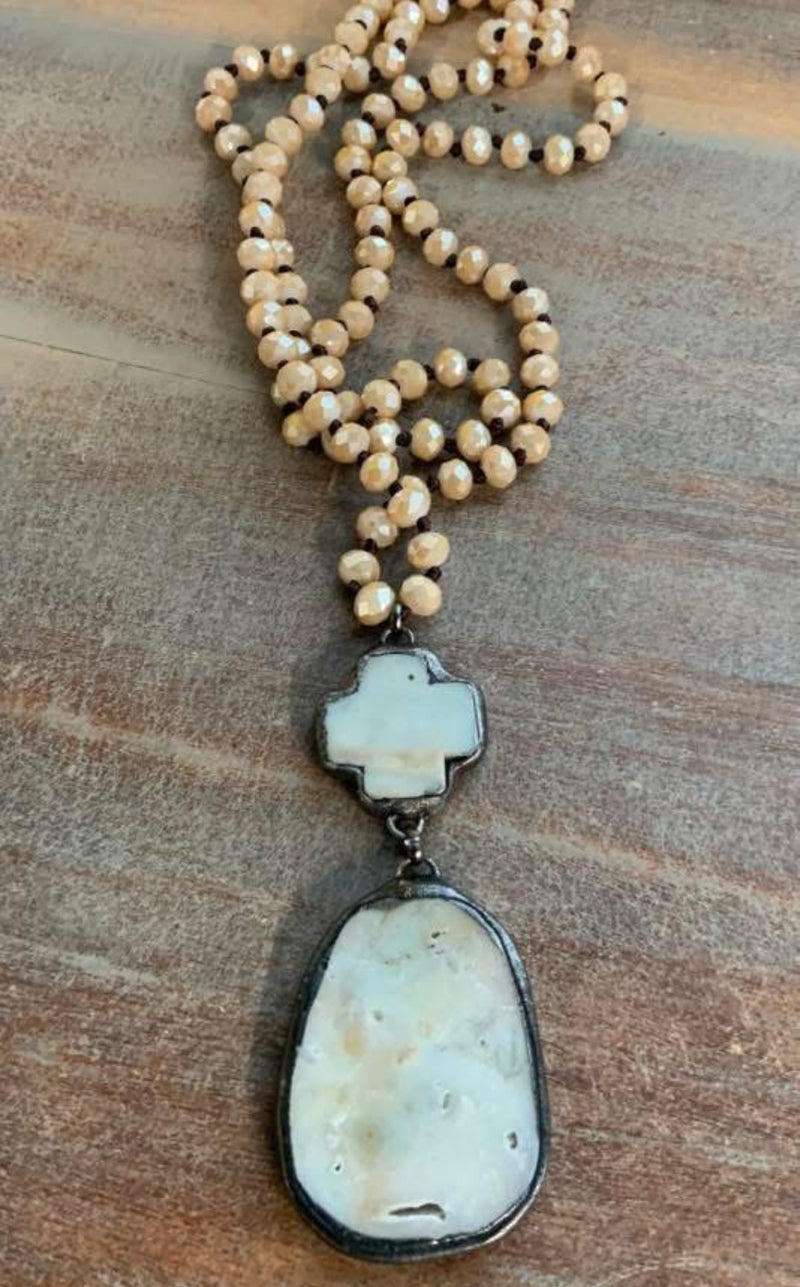 Large White, Turquoise or Champagne Beaded & Stone Pendant Necklace