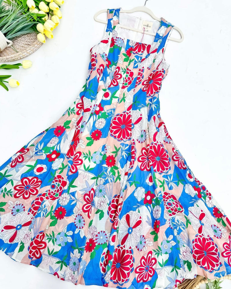 Blue, White & Red Sleeveless Square Neck Flowy Sundress