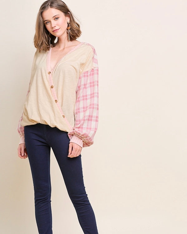 Plus Size Cream Crossover Wrap Top with Pink Plaid Cuff Sleeves