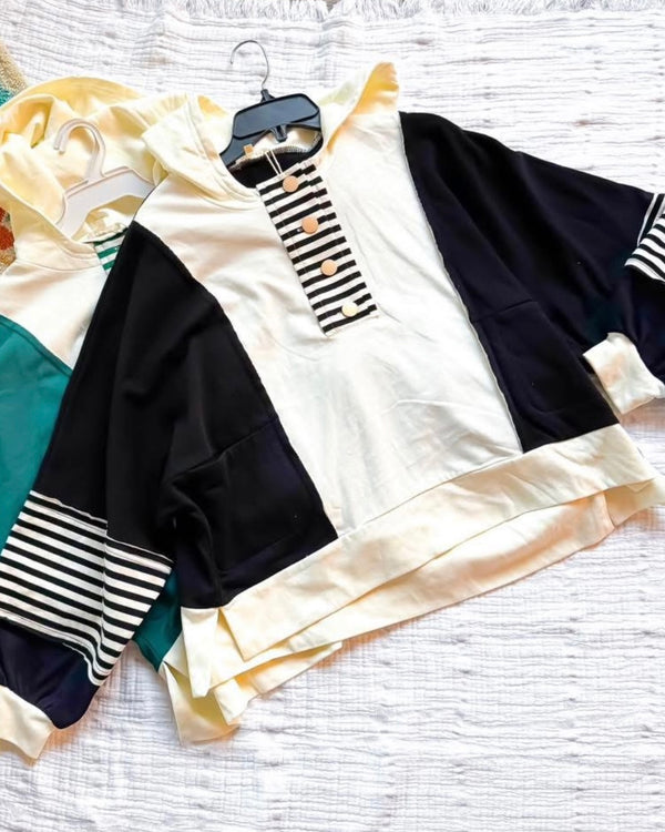 White & Black Color Block with Contrasting Stripe. Snap Front Long Sleeve Hoodie Top