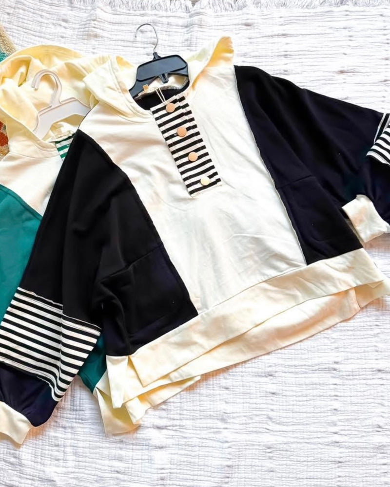 White & Black Color Block with Contrasting Stripe. Snap Front Long Sleeve Hoodie Top