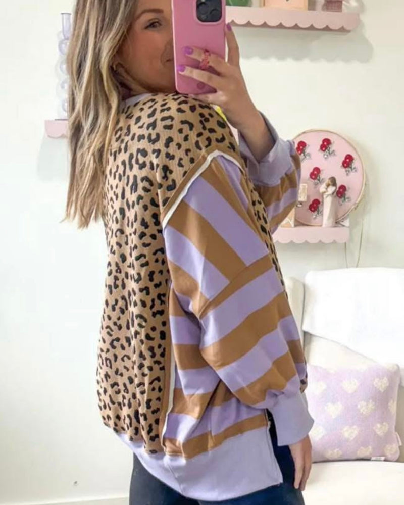 Brown Leopard with Contrasting Purple & Brown or Brown & White Stripe Long Sleeve Oversize Sweatshirt Top